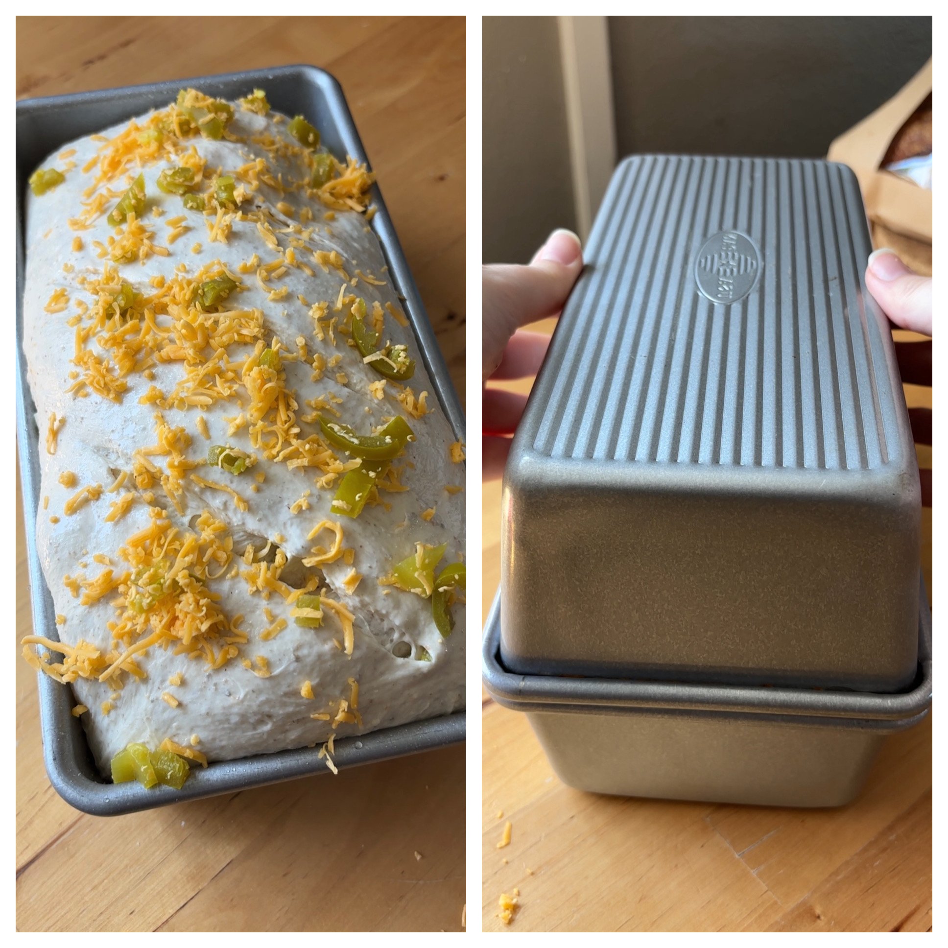 the top of sourdough dough covered with jalapeno and cheese and an inverted bread pan for double bread pan method.