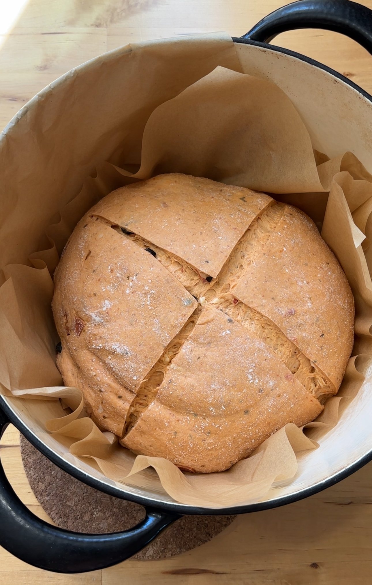 pizza sourdough bread recipe in a dutch oven before being baked