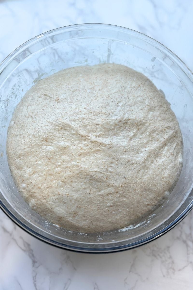 a bowl of Honey Wheat Sourdough Sandwich Bread dough