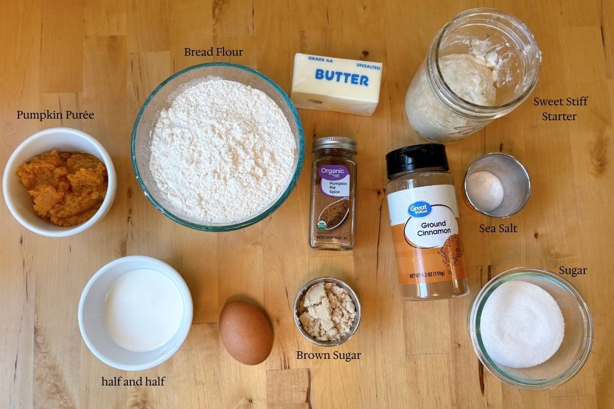 Ingredient flat lay for sourdough pumpkin brioche twist