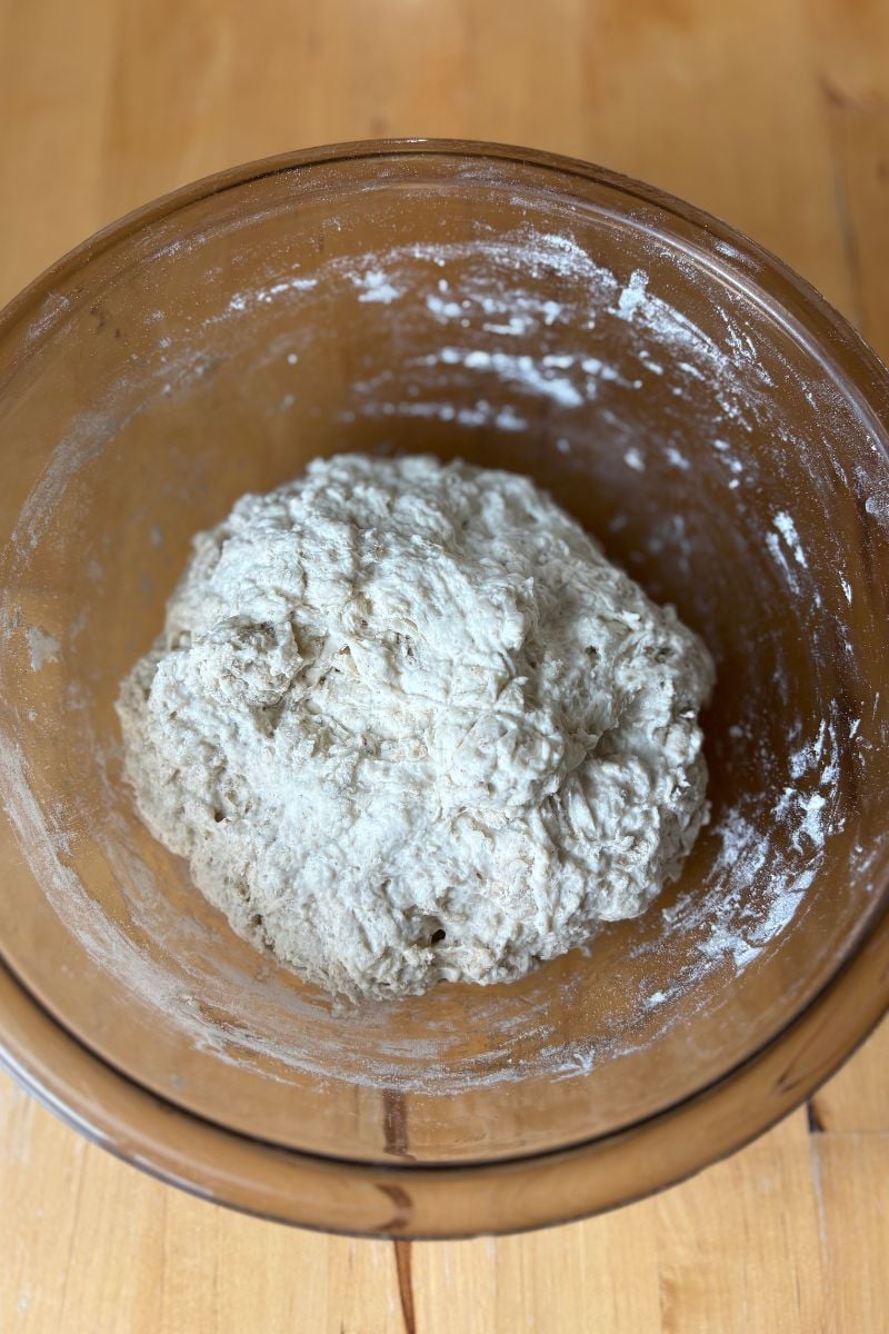 Shaggy sourdough mixed in a brown bowl