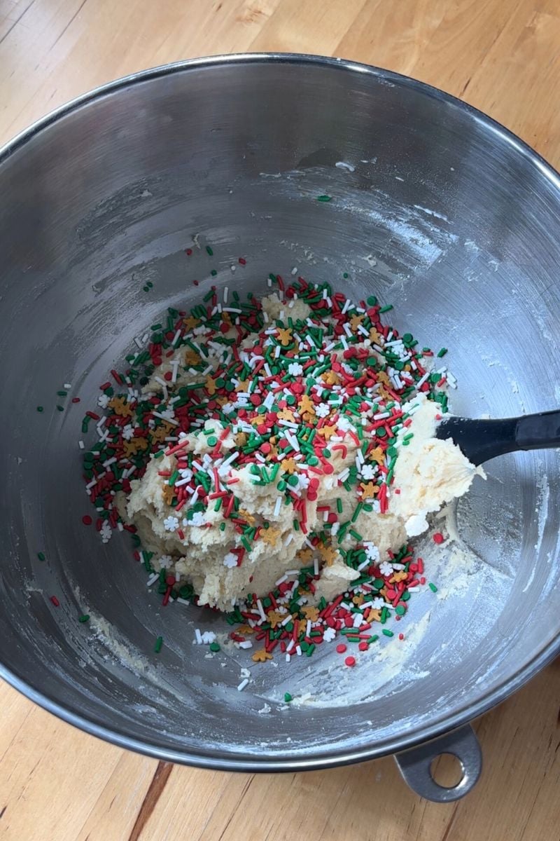 soft sourdough discard Christmas cookie dough with sprinkles