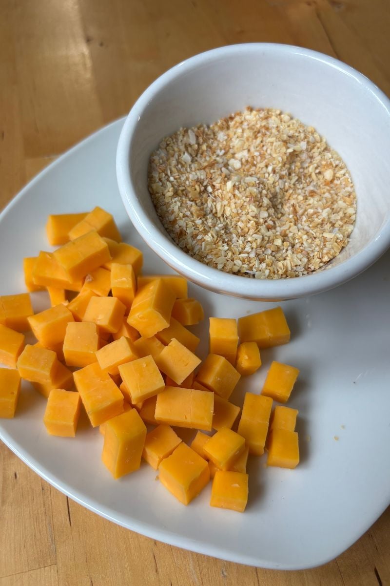 cubed cheddar cheese and dried minced onions