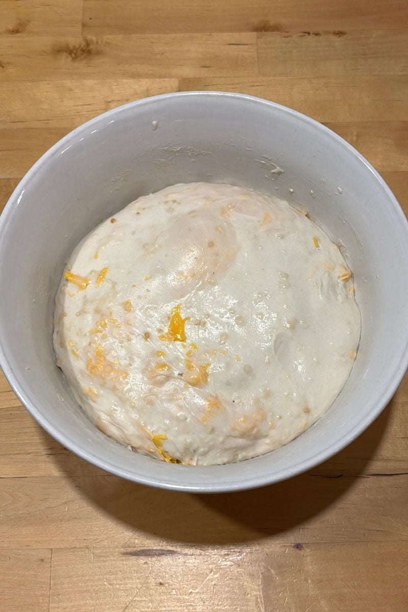 Cheddar and Onion Sourdough Bread dough in a bowl