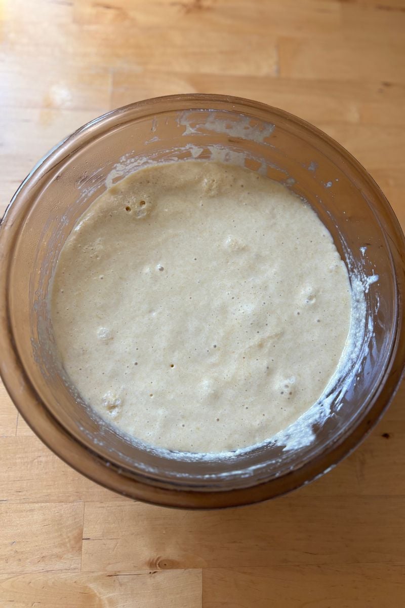 fresh milled sourdough protein waffle batter in a bowl