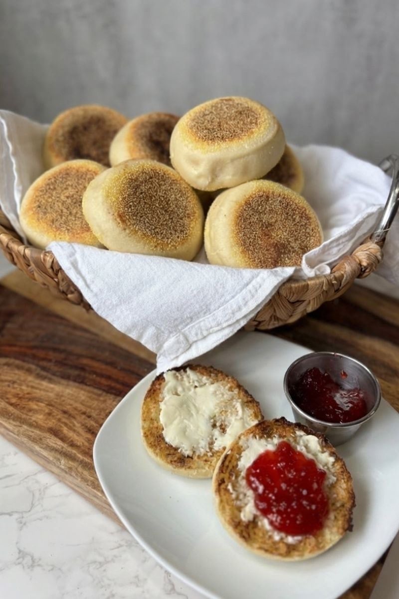 protein sourdough English muffins in a breadbasket 