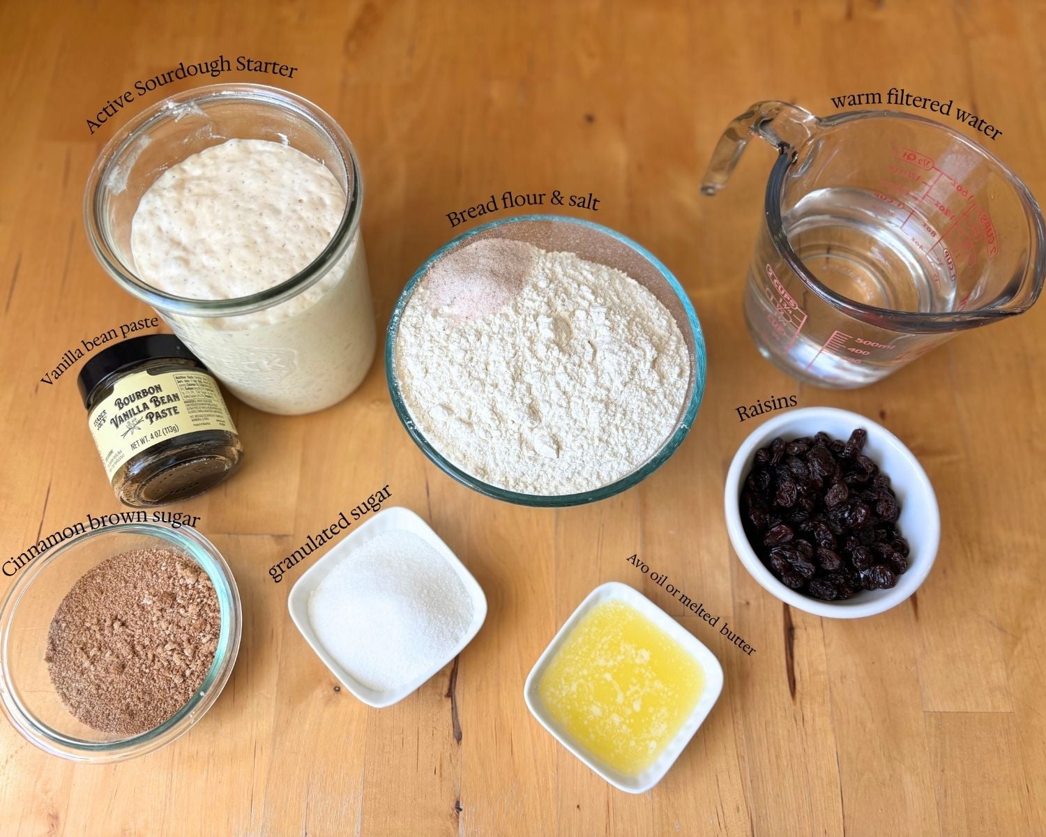 Ingredient layout for soft sourdough cinnamon raisin bread 