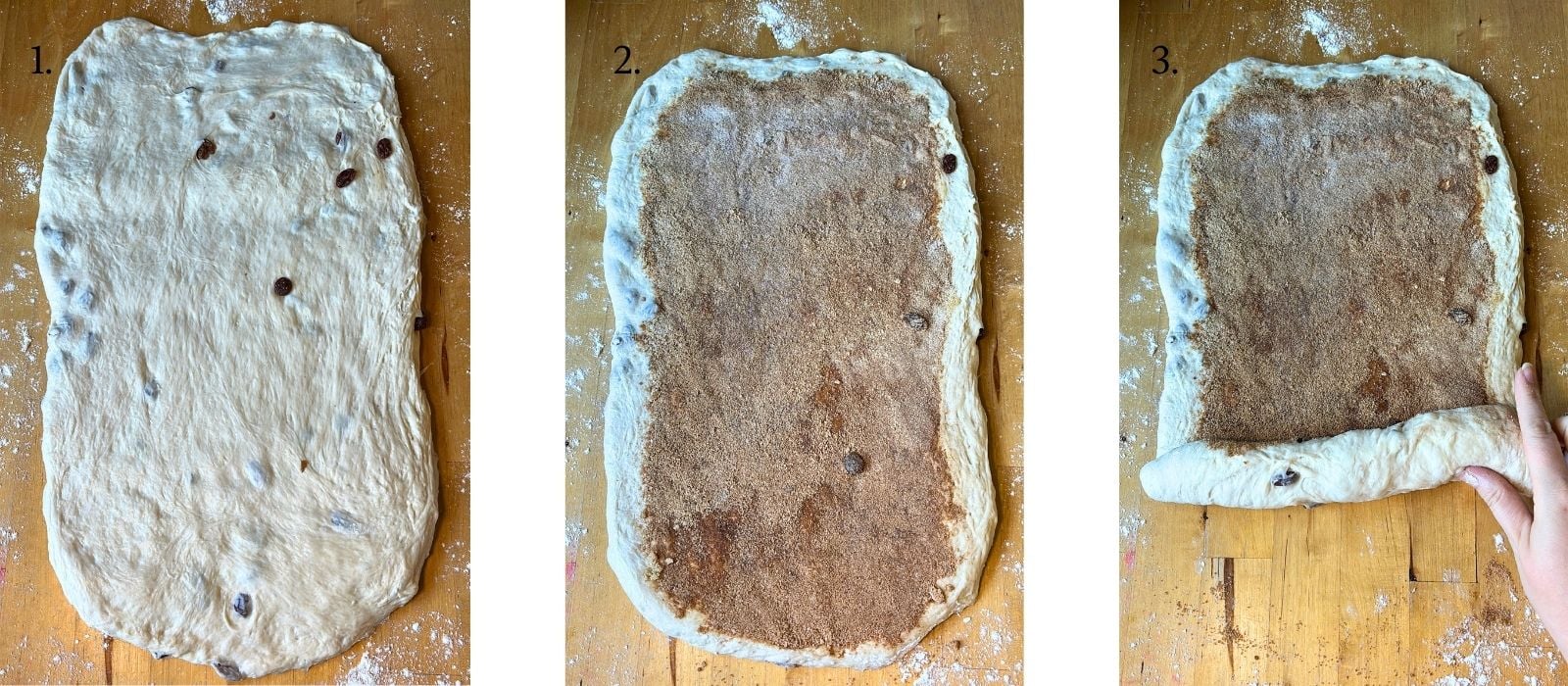 shaping process of Soft Sourdough Cinnamon Raisin Swirl Bread